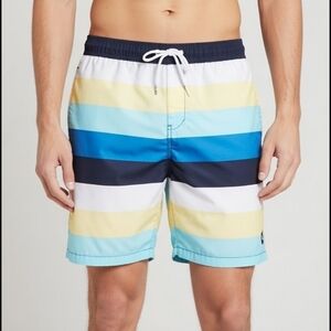 Merona Men's Striped Multicolor Swim Trunks Board Shorts Drawstring Size Large